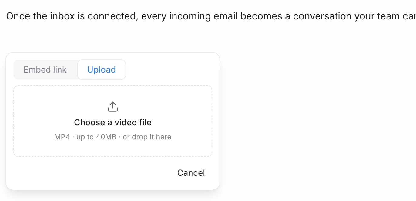 The video command in the article editor with Embed link and Upload tabs, showing a drop zone for MP4 files up to 40 MB