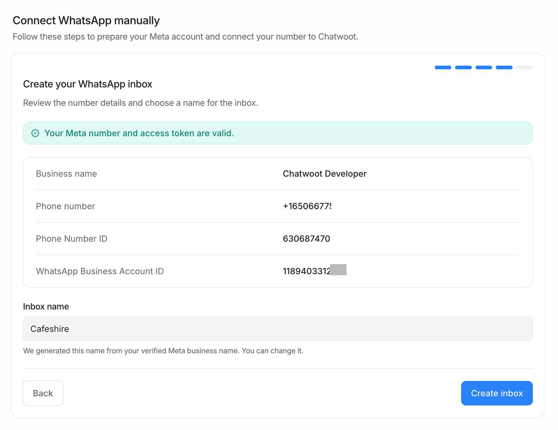 Review step showing the validated business name, phone number, account IDs, and inbox name before creating a WhatsApp inbox.