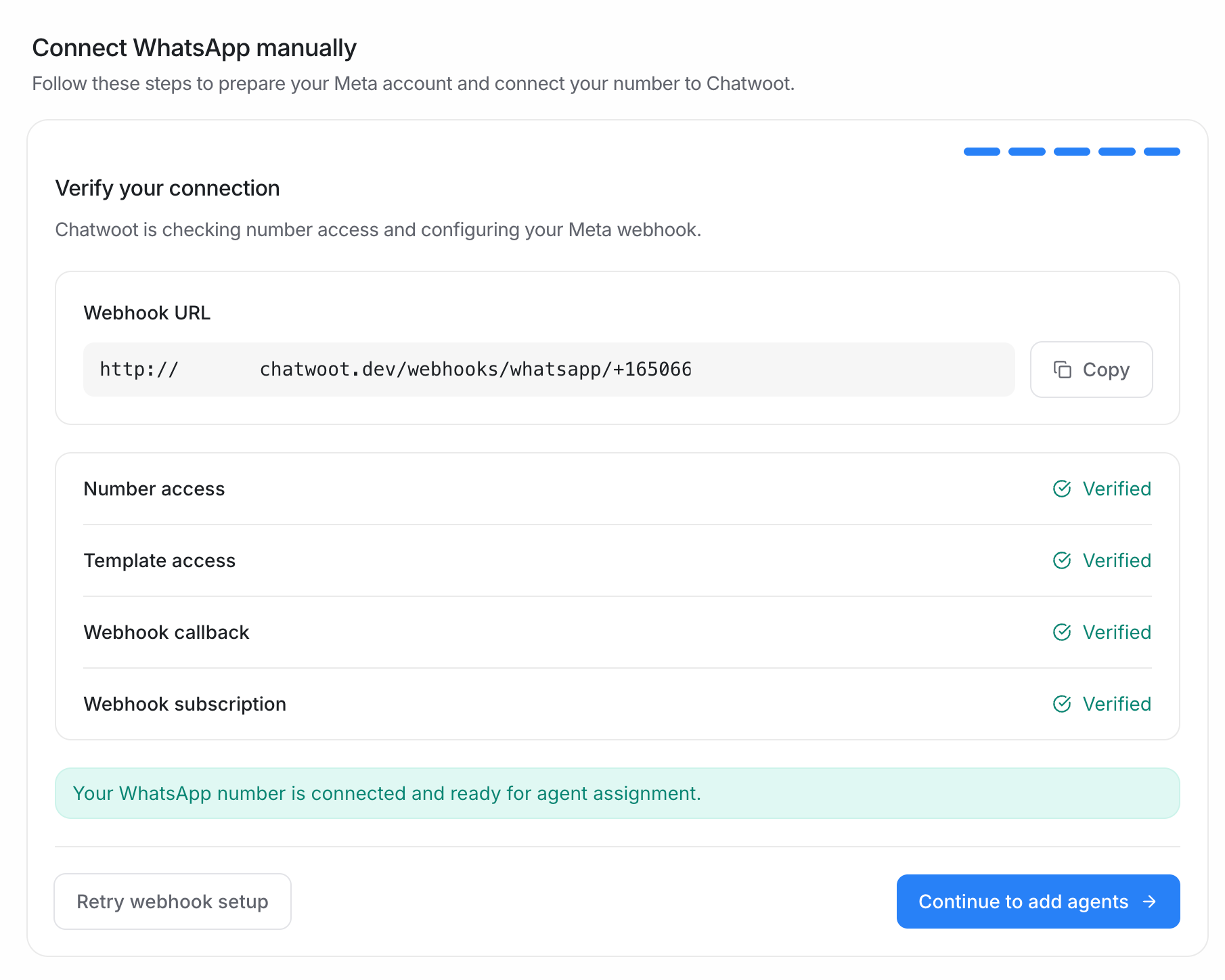 WhatsApp connection checklist showing number access, template access, webhook callback, and webhook subscription as verified.