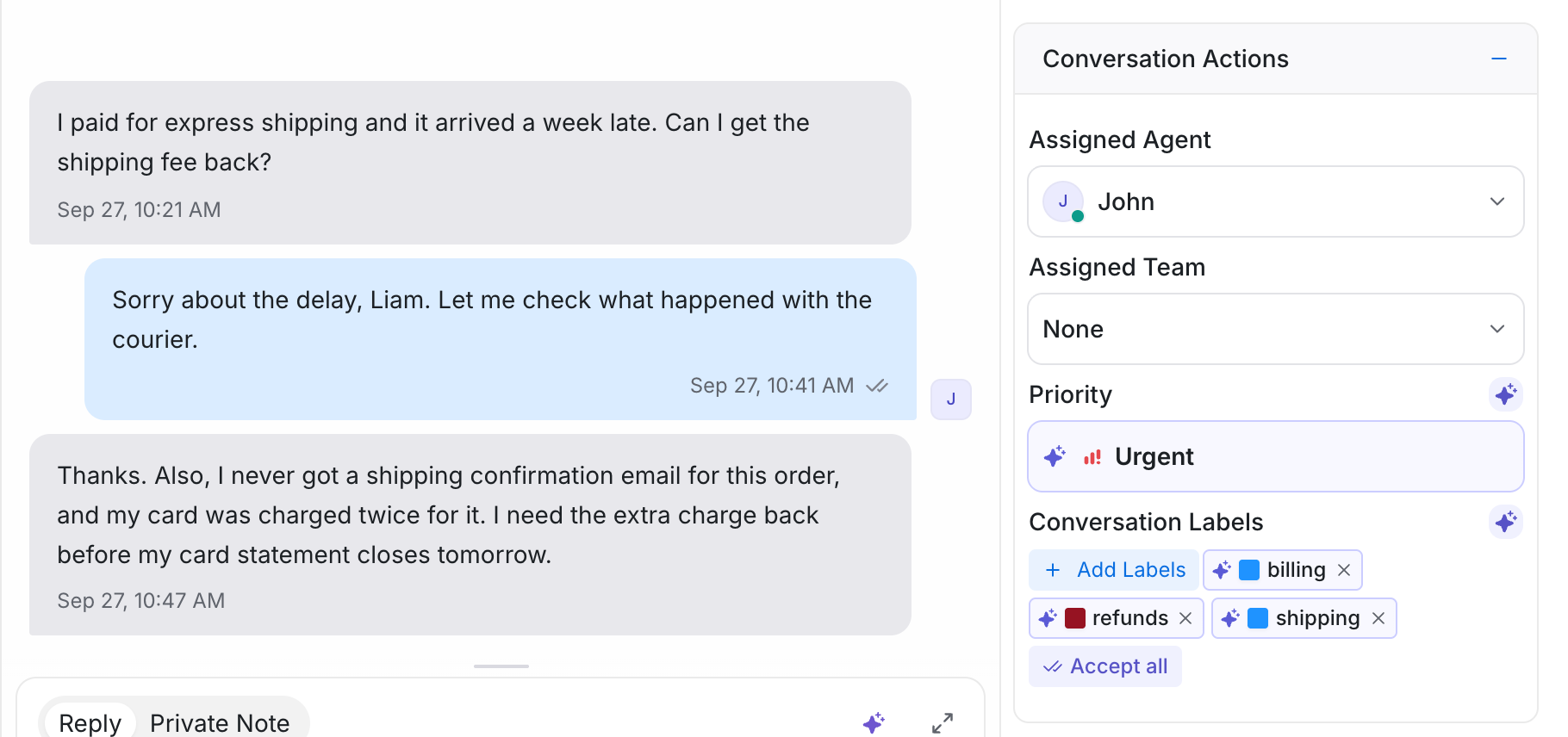 A conversation about a late delivery and a duplicate charge. Captain suggests Urgent priority and the billing, refunds, and shipping labels in the sidebar.