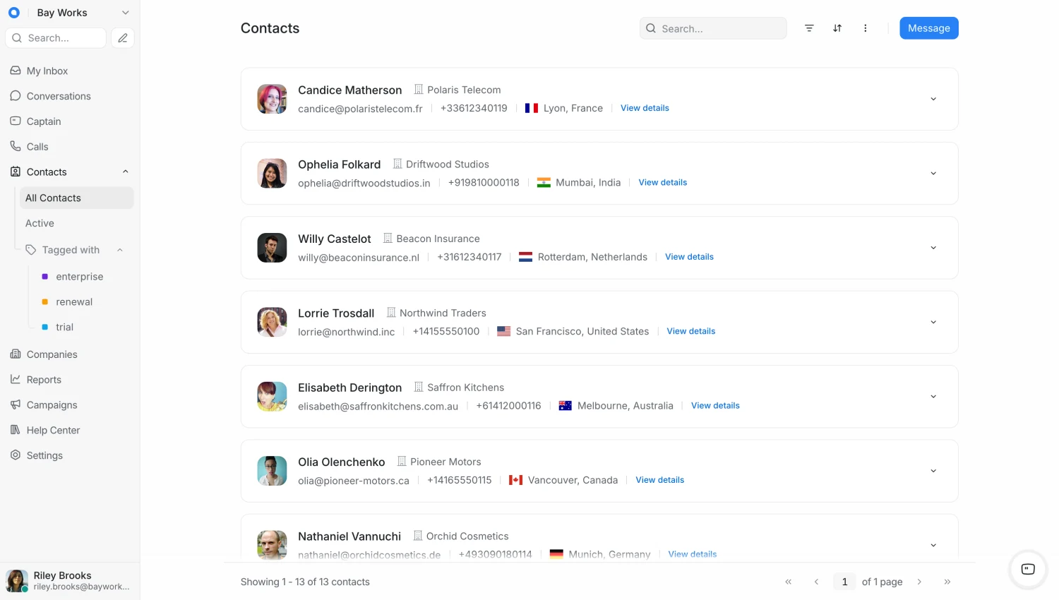 Replynivo contacts list showing each contact's name, company, email, phone number and location, with contact labels in the sidebar.
