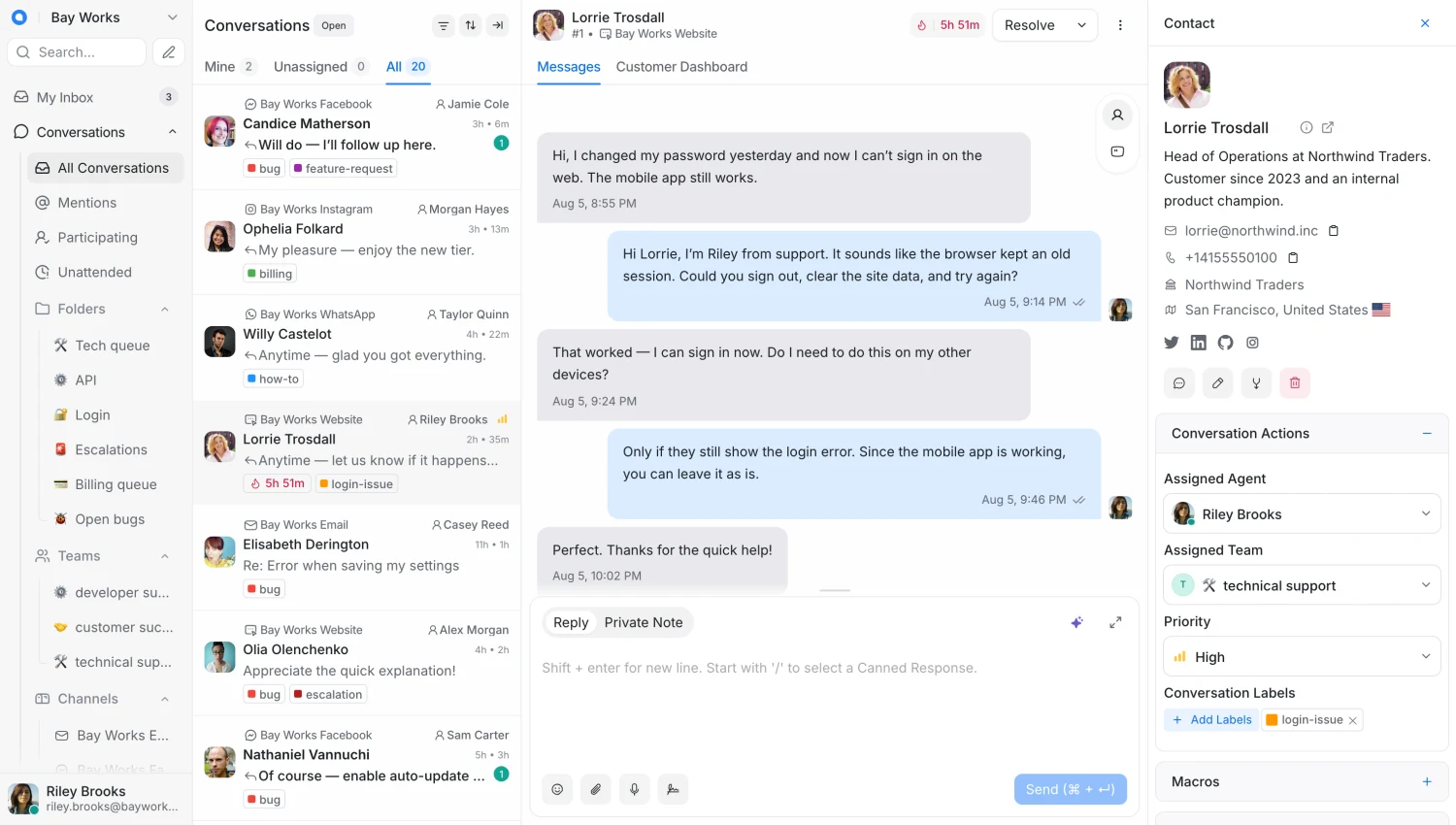 Replynivo conversations view: the inbox list on the left, an open customer conversation in the middle, and the contact details and conversation actions panel on the right.