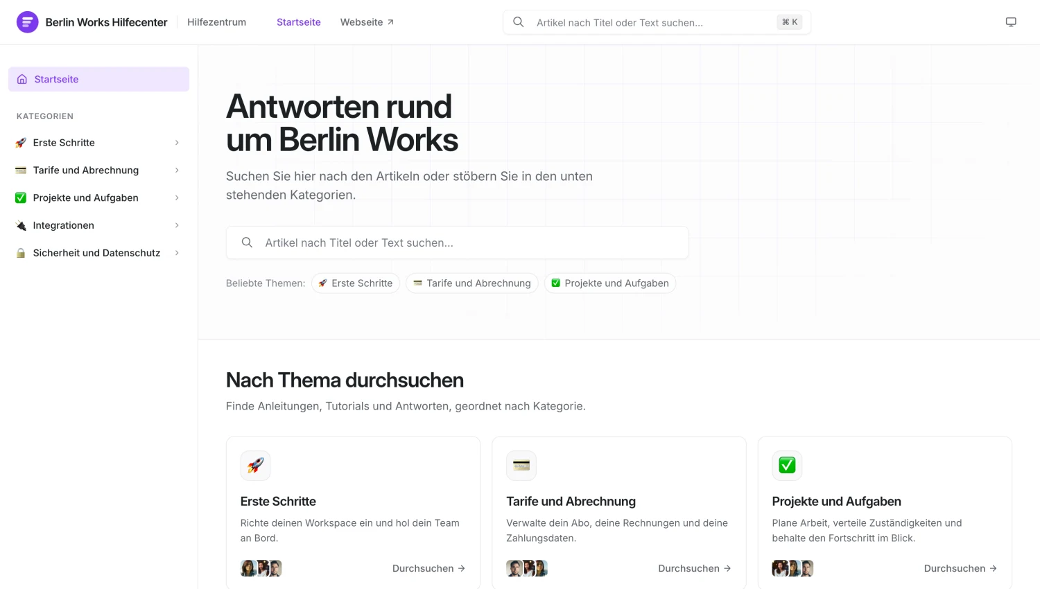 Ein öffentliches Help Center, erstellt mit Replynivo, mit Suchleiste, beliebten Themen und Artikelkategorien.