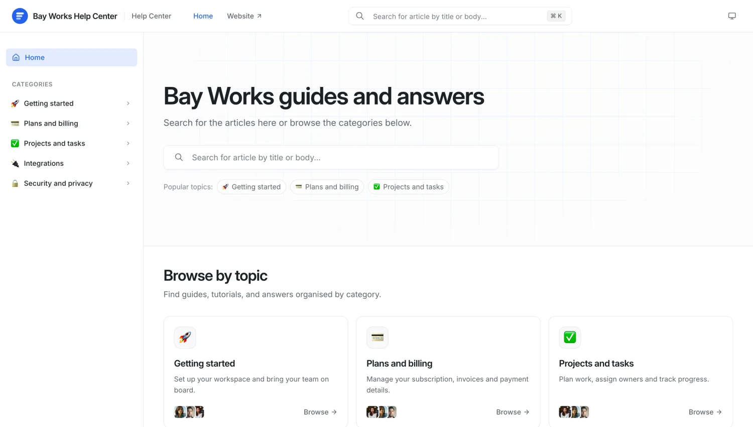 A public help center built with Replynivo, with a search bar, popular topics and article categories.